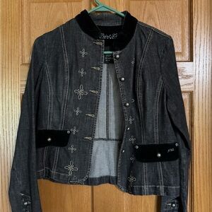 Women’s Black Embroidered Denim Jacket with Velvet Trim